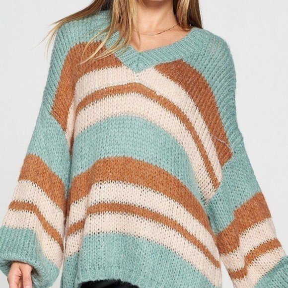 Women's Outwear V-Neck Cozy Thick Knit Stripe Pullover Sweater Size - L NWT - Picture 5 of 5